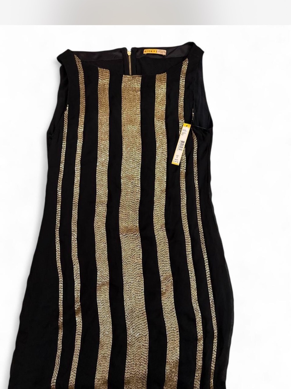 Alice + Olivia Black Mini Dress with Gold Vertical Stripes